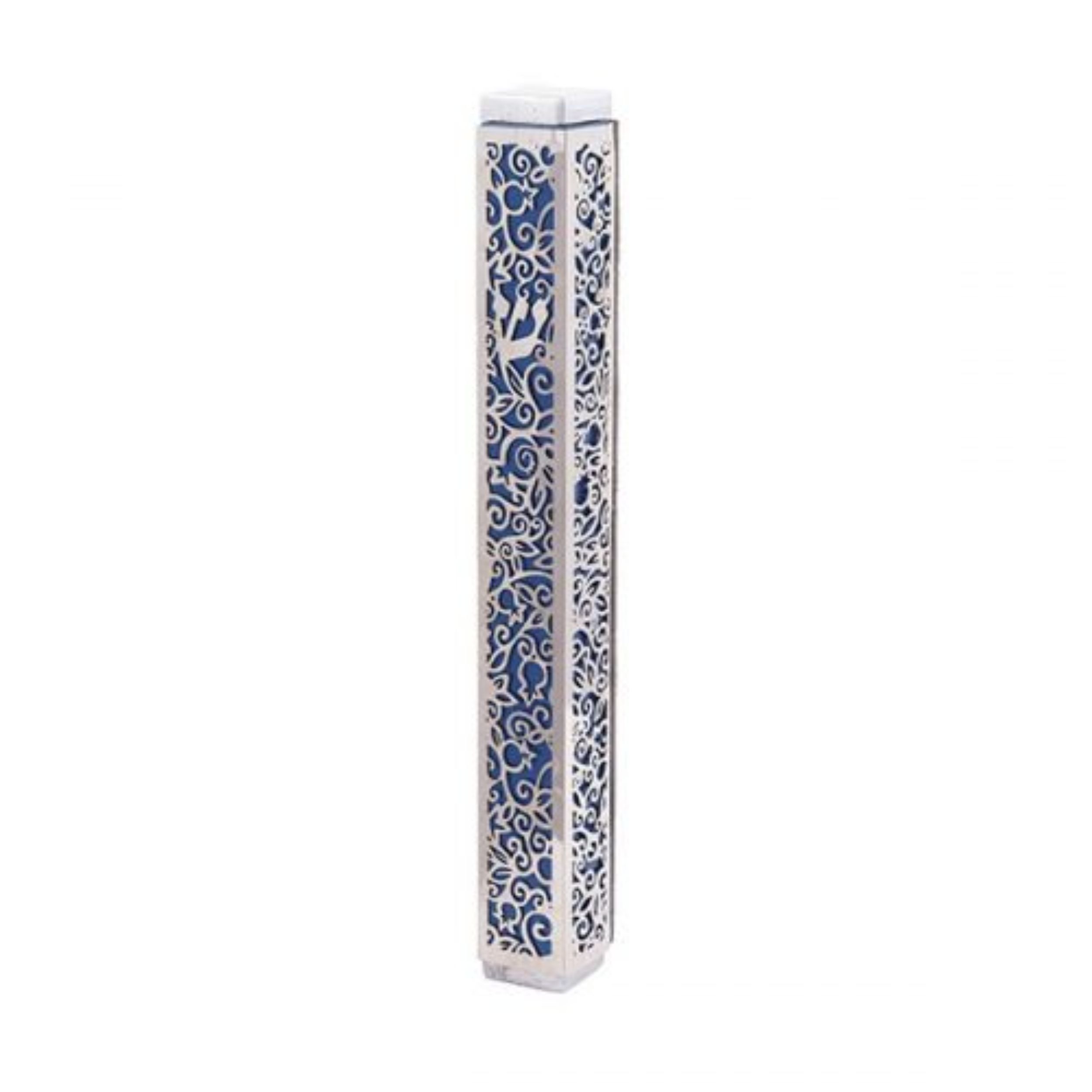 Emanuel Anodized Mezuzah Case w/ Metal Cutout - Pomegranate Blue